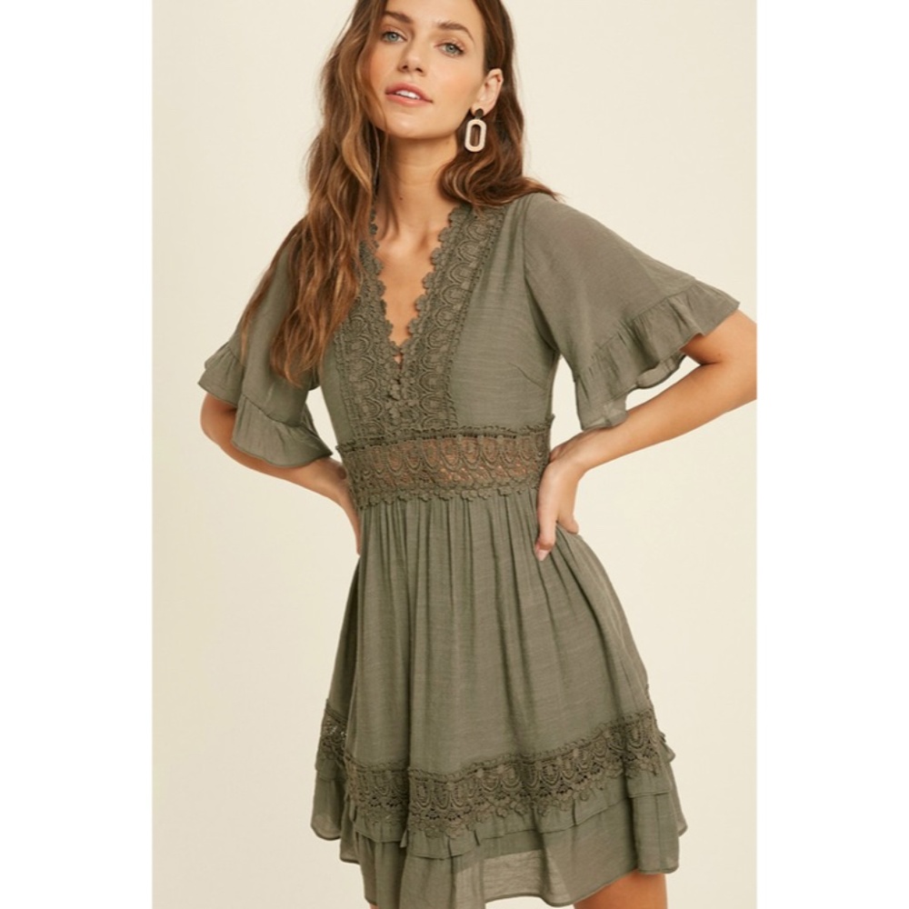 SOLD OUT Dainty Olive Green Bohemian Crochet Lace Trim Ruffle Short Mini Dress - Picture 3 of 5